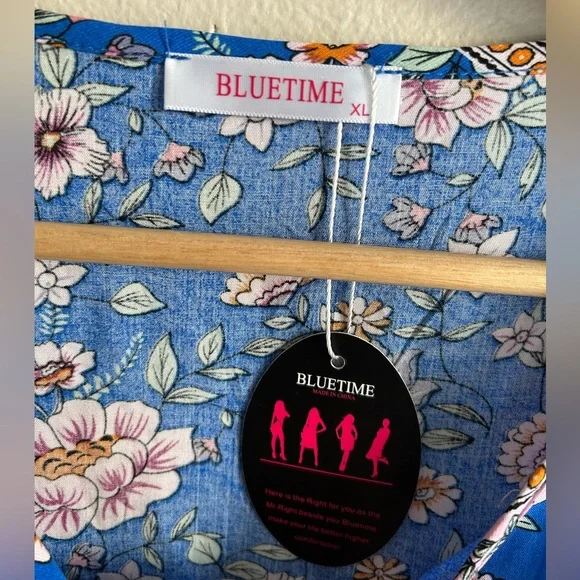 NWT Bluetime Summer Dress Boho V Neck 3/4 Sleeve Babydoll Floral Viscose Sz XL - Picture 11 of 13